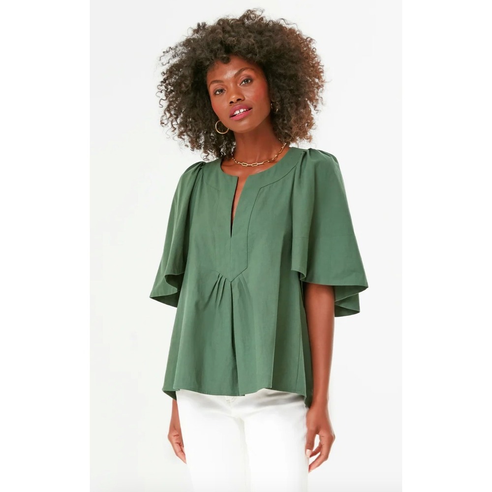 Pomander Place‎ Finley Flutter Sleeve Top Womens XS Forest Green Cotton Preppy